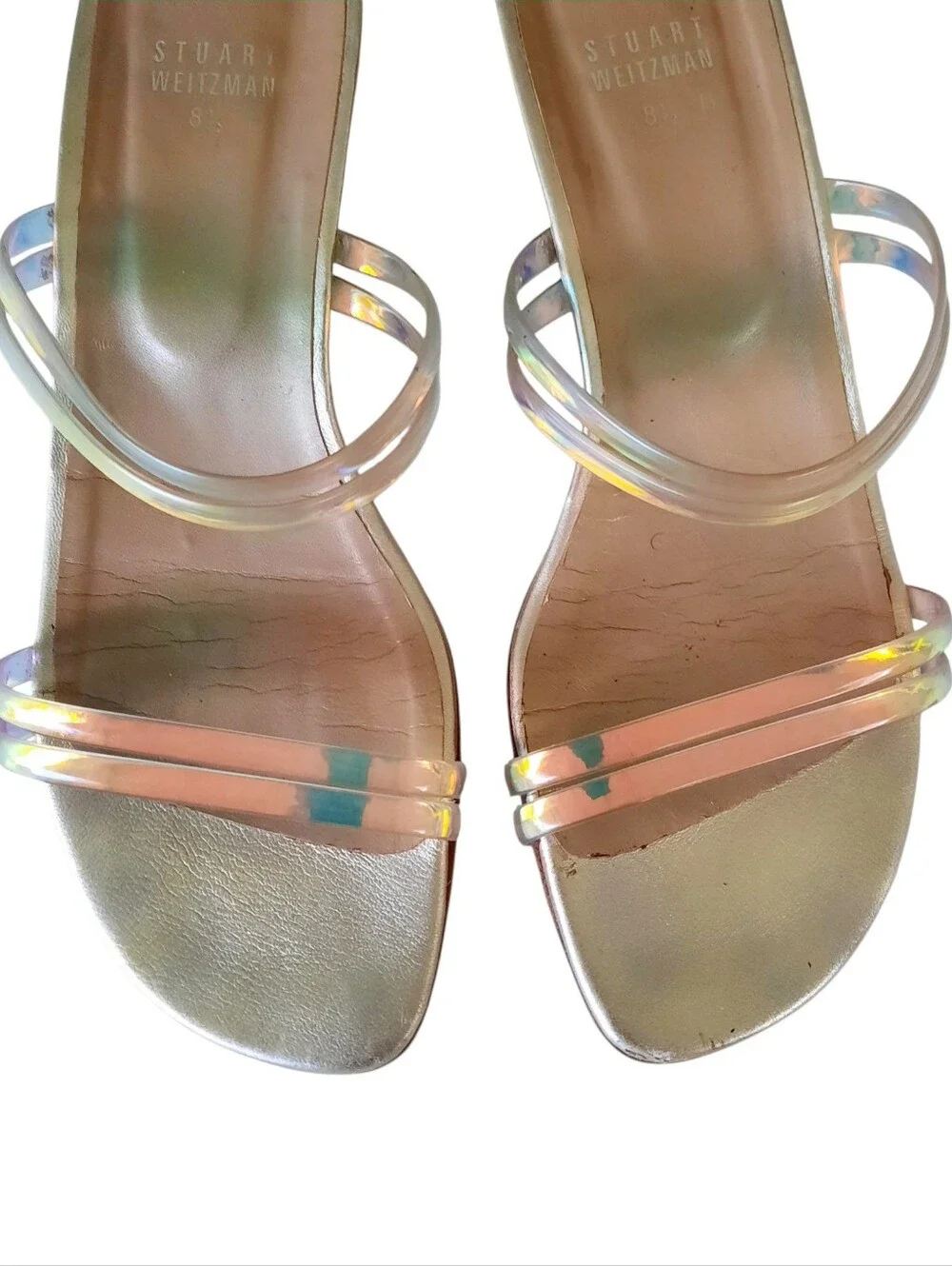 STUART WEITZMAN Y2K Iridescent PVC Strappy Slide Sandals w/Gold Low Wedge 8.5M